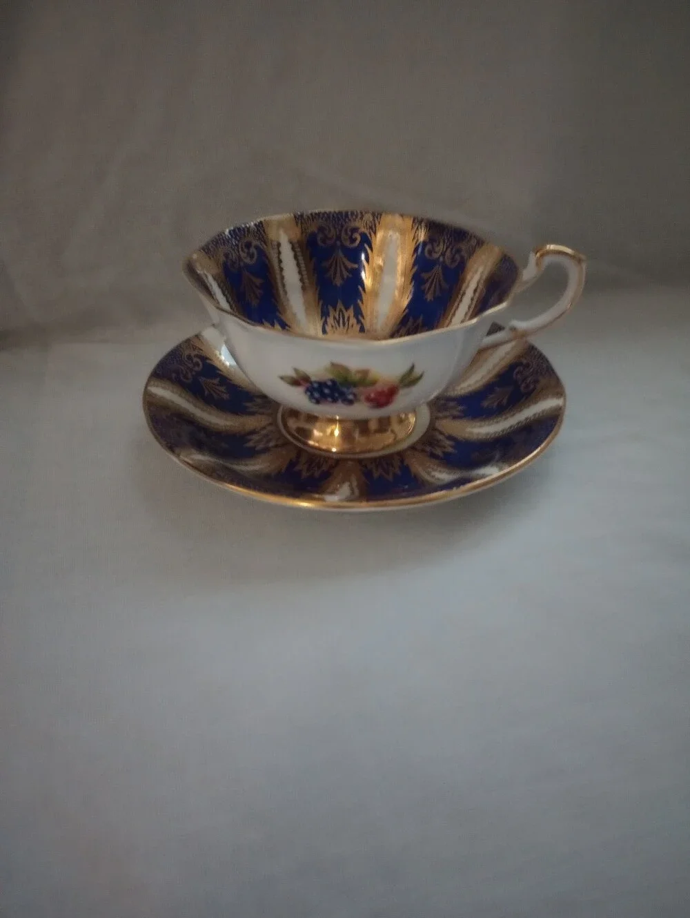 Paragon Blue & Gold Her Majesty's Cup & Saucer Fruit Pattern
